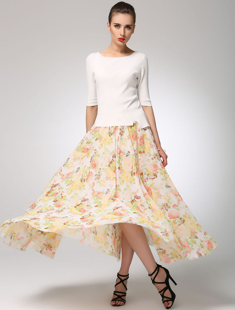 Floral Chiffon Maxi Skirt with Elastic Waist | Xiaolizi 1275