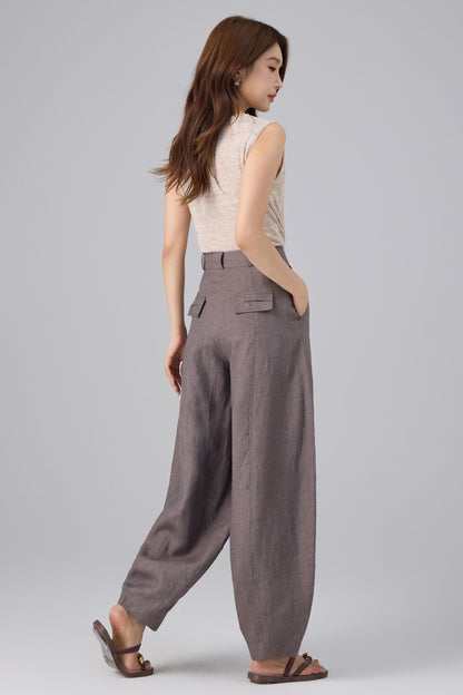 Charcoal Linen Pants - High Waist Lantern | Xiaolizi 6758