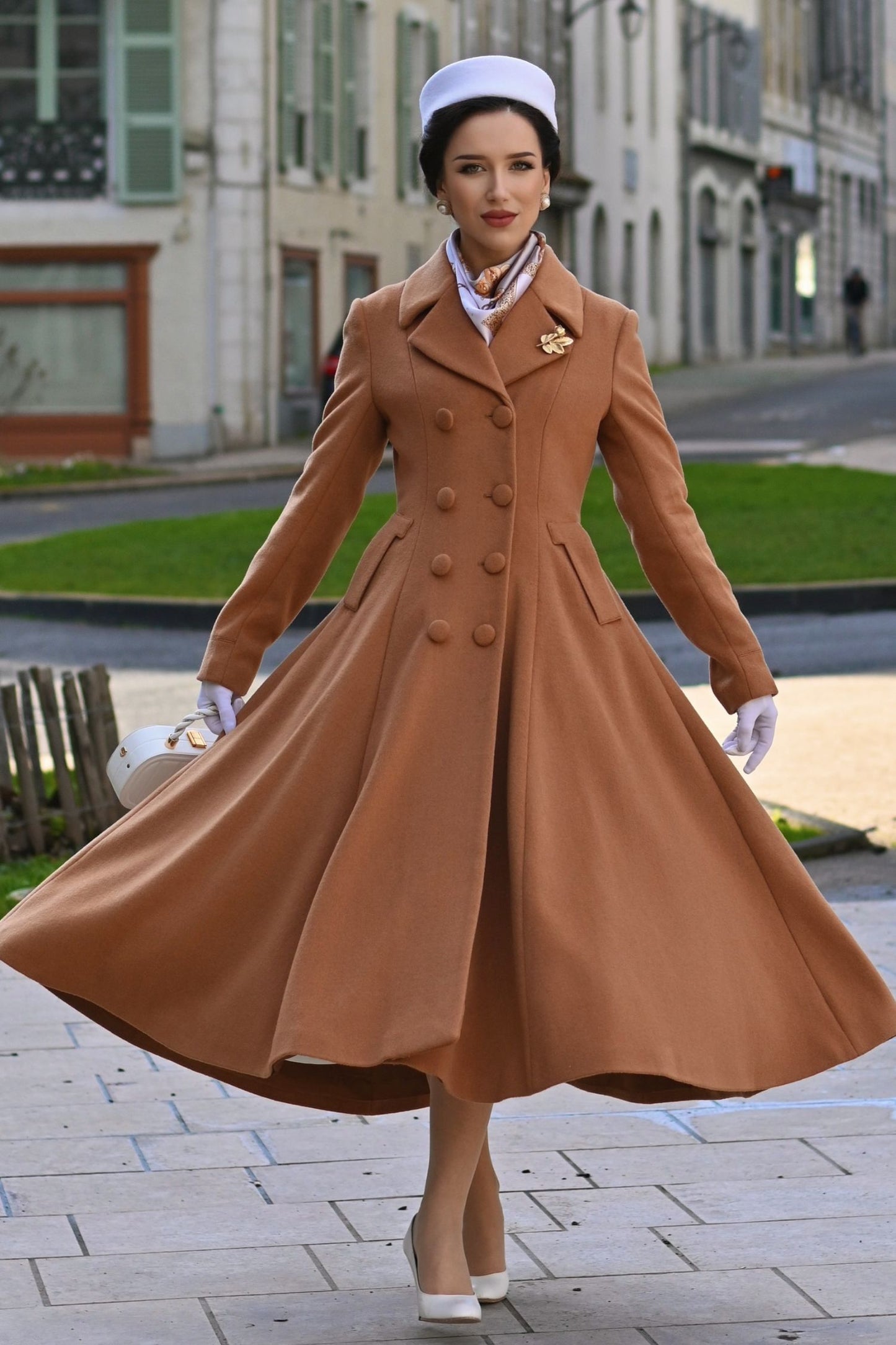 Camel Wool Maxi Coat – Vintage Double Breasted A-Line Winter Overcoat 6682