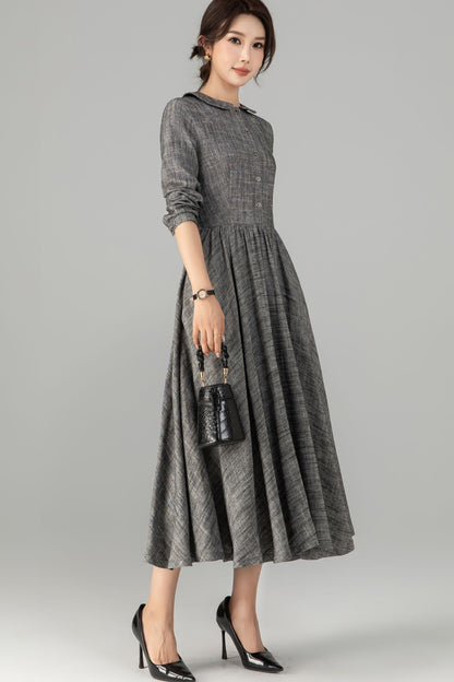 Gray Linen & Cotton A-Line Midi Dress - Button-Up with Waist Belt 5710