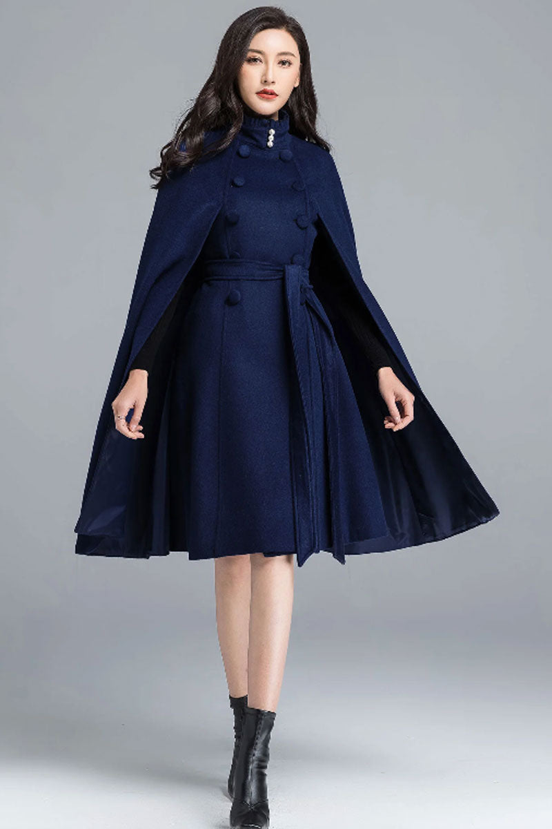 Blue Wool cape coat with stand collar 248701 – XiaoLizi