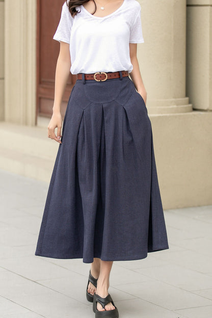 Blue long linen skirt with pockets 4943