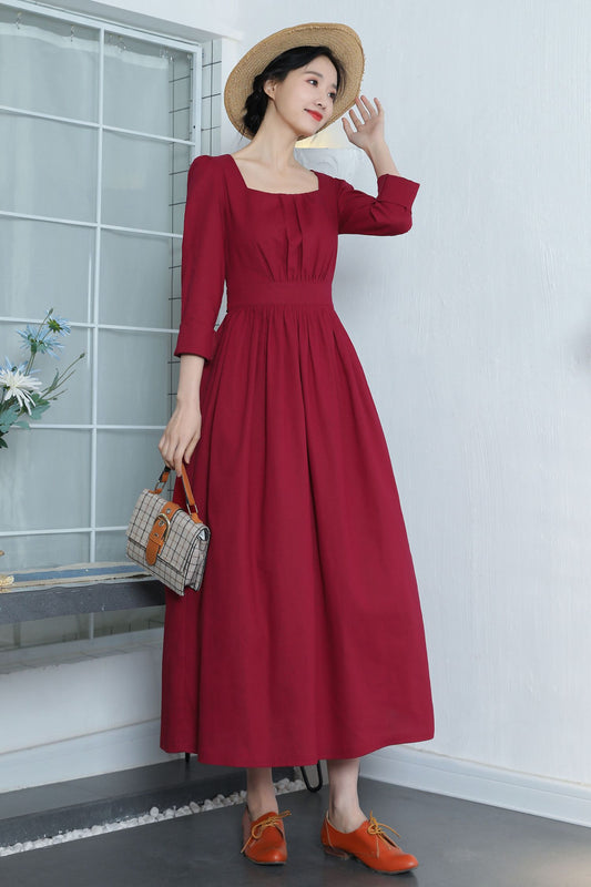 Vintage Inspired Wine Red Linen Dress 3370