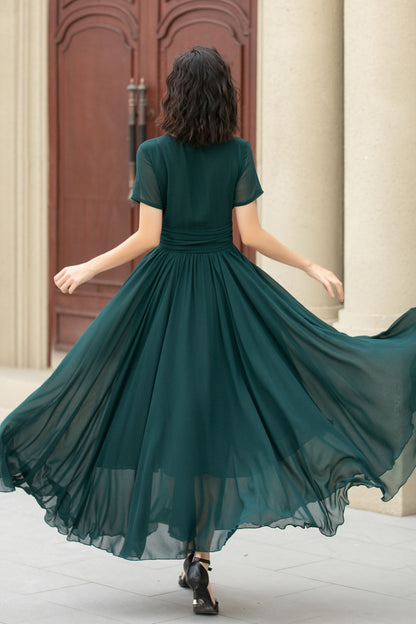 Dark Green Chiffon Maxi Dress – Handmade V Neck Swing Party Elegance 5114