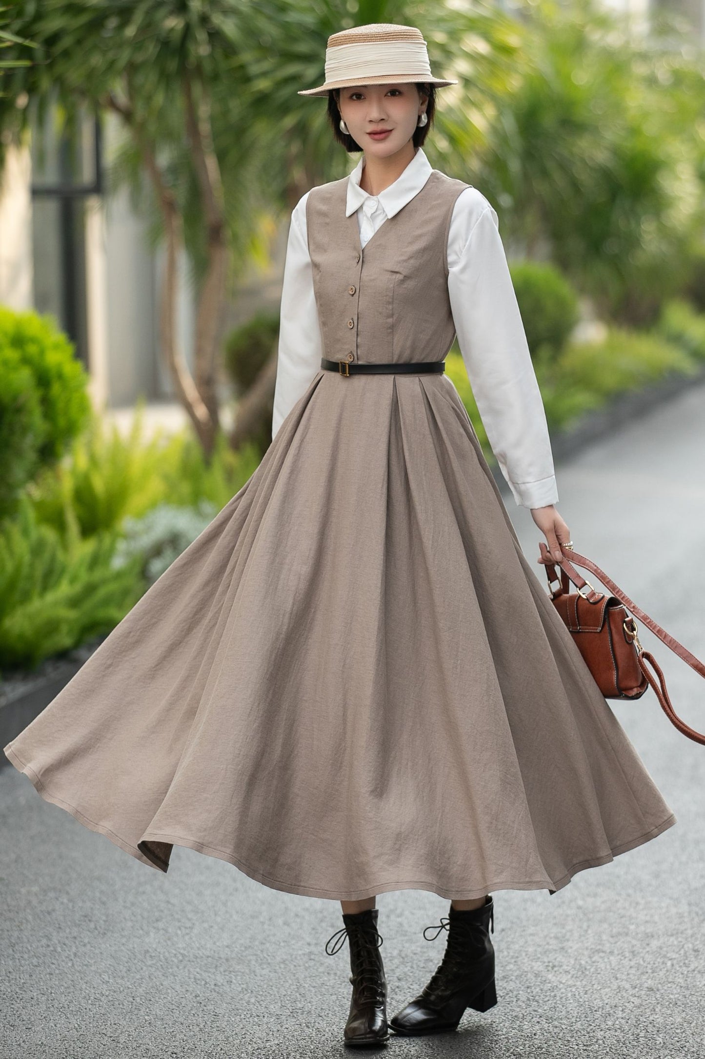 Handmade Linen Cotton Pinafore Midi Dress – Vintage Sleeveless Layering Dress 6657