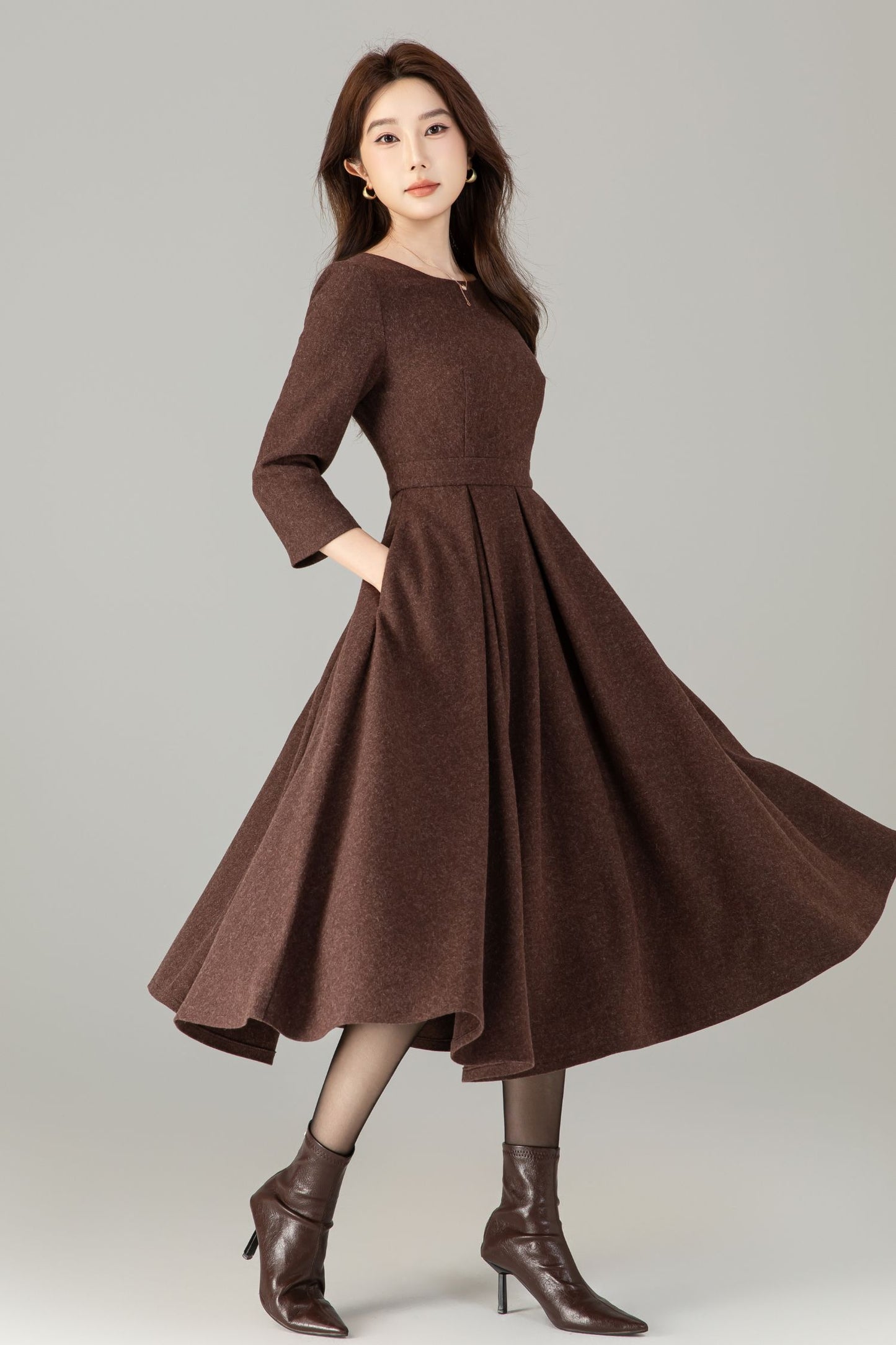 Vintage Wool Blend Midi Dress – Handmade Fit and Flare Winter Dress with Pockets | Xiaolizi 6495