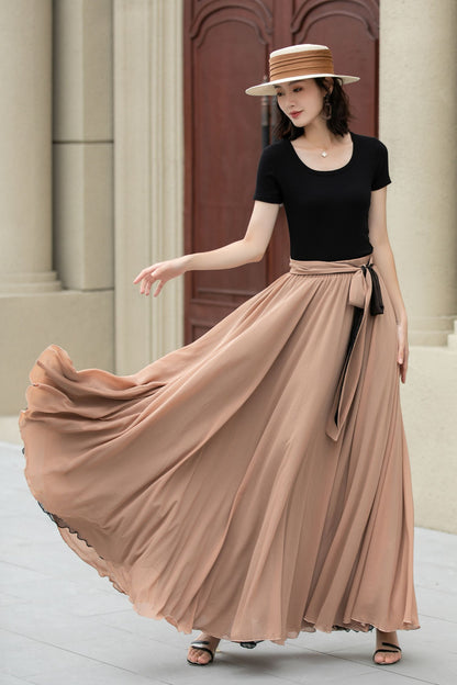Black Chiffon Maxi Boho Skirt Women 5107