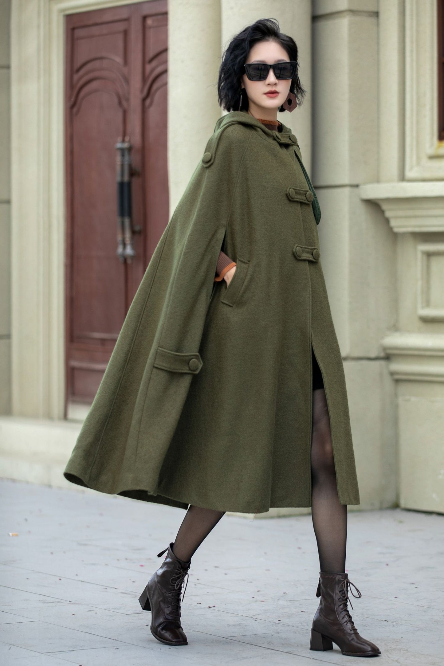 Military green wool winter cape coat 5351