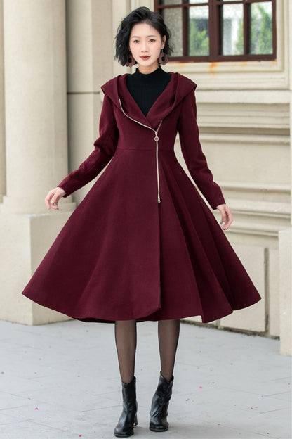 Vintage Hooded Wool Coat – Burgundy Handmade Winter Zip Overcoat 5345