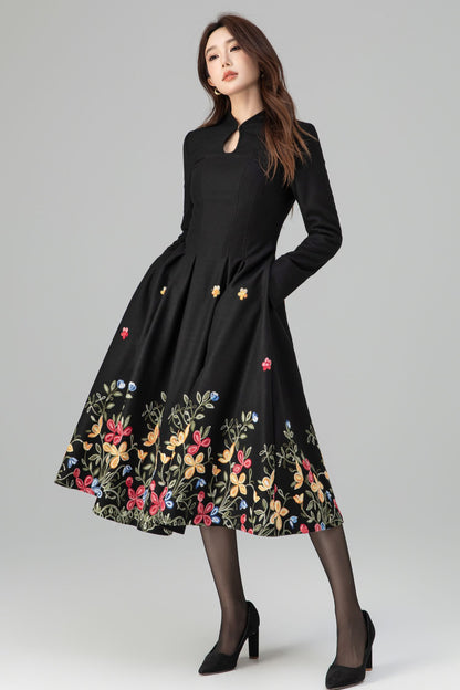 Black Wool Midi Dress - Floral Embroidery, Pleated A-Line Skirt 6397