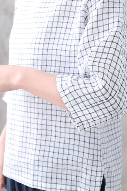 White Check Linen Blouse – Loose Fit 3/4 Sleeve Summer Top 3337