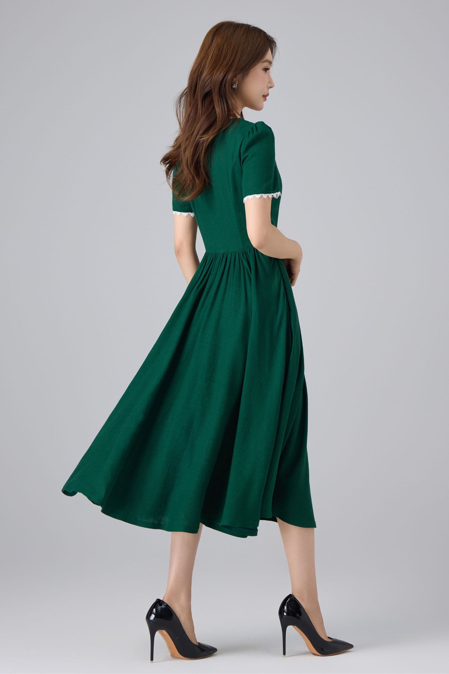 Emerald Linen Midi Dress - Square Neck Puff Sleeve | Xiaolizi 6760
