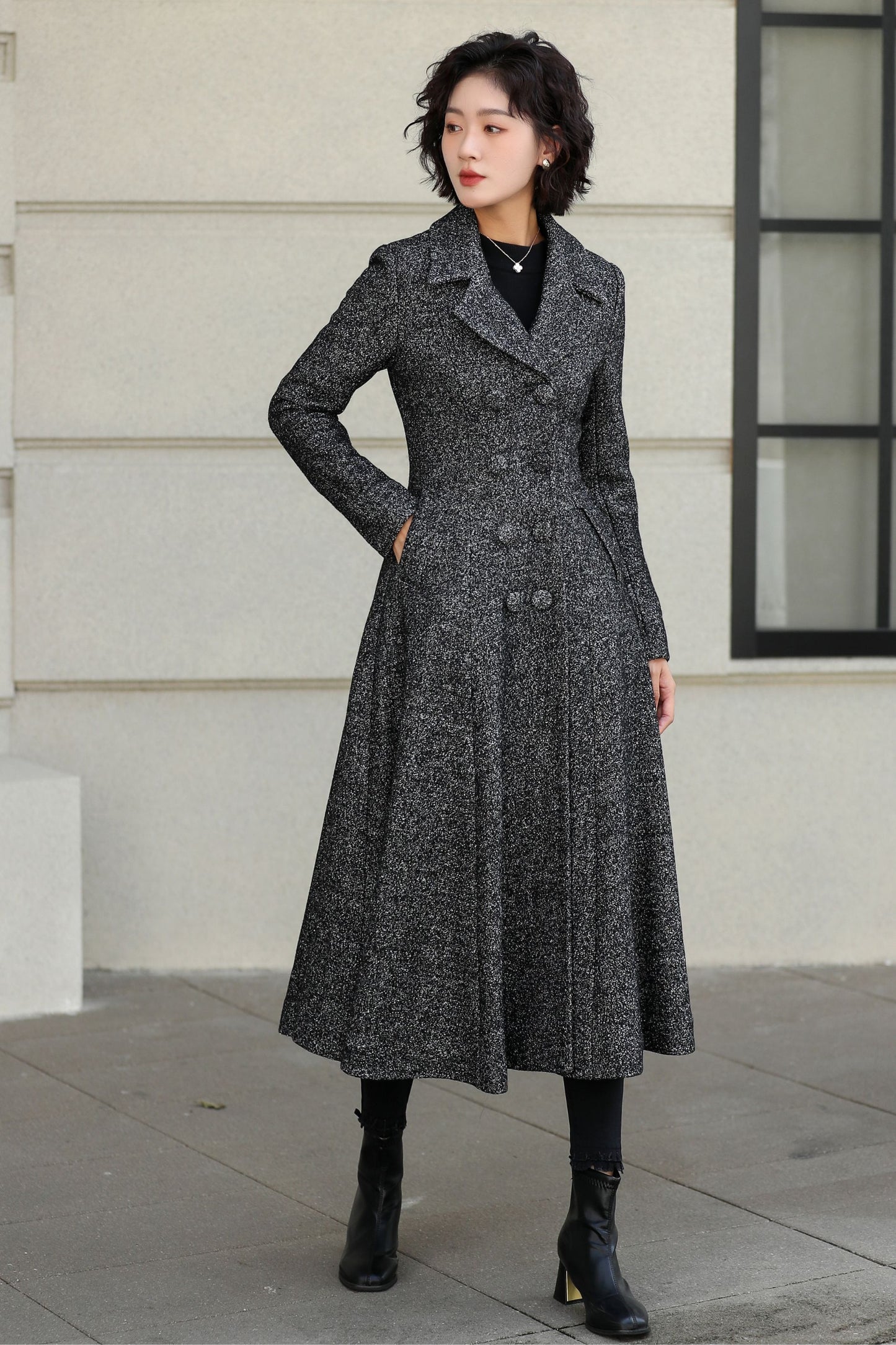Long Wool Swing Coat – Vintage 1950s Double Breasted Overcoat 6528