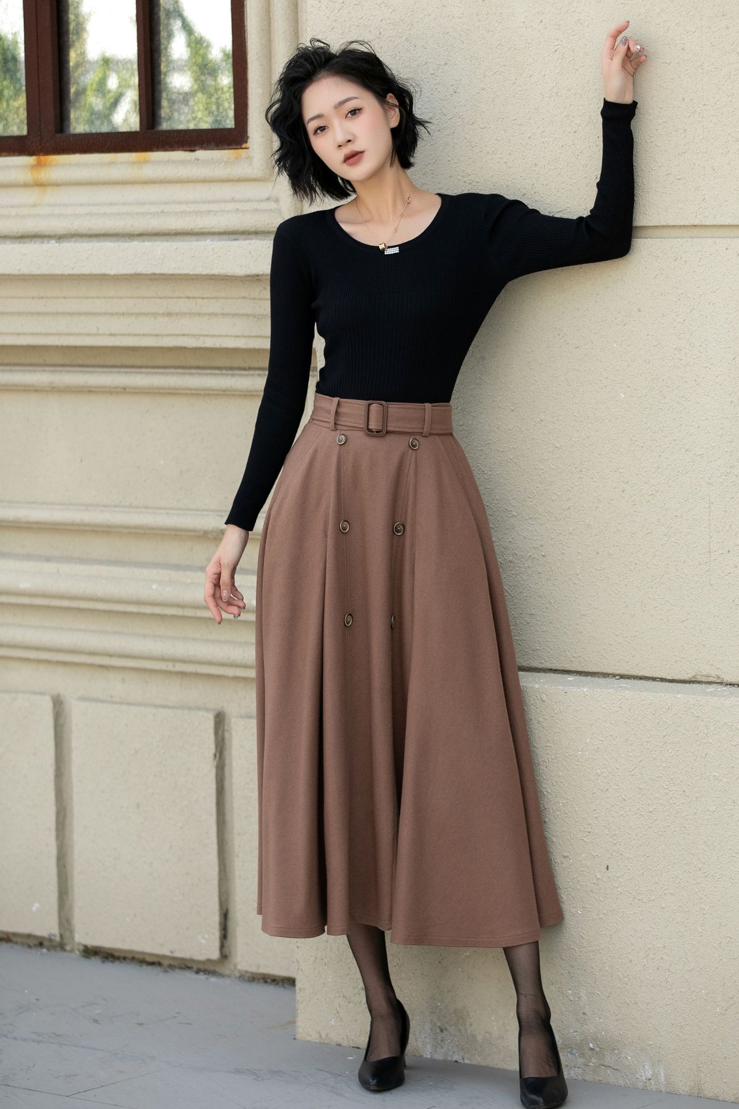 Brown button front a line wool skirt 5453