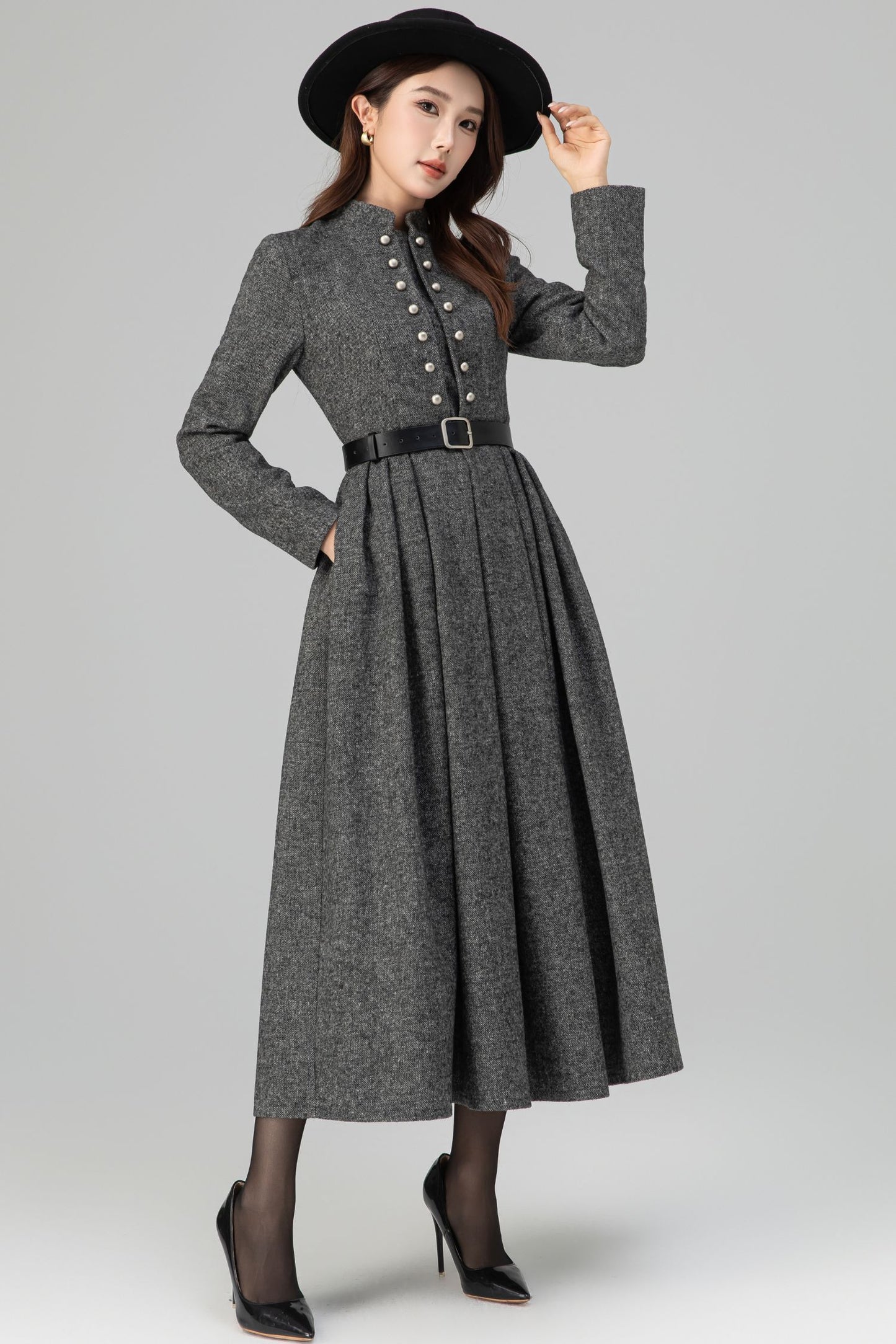 Long Sleeve Pleated Swing Wool Dress 6389