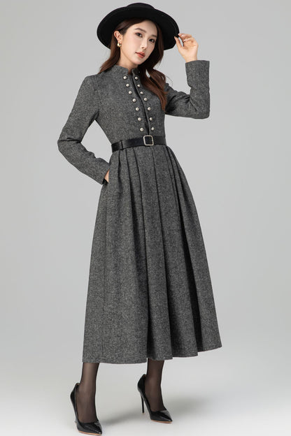 Long Sleeve Pleated Swing Wool Dress 6389