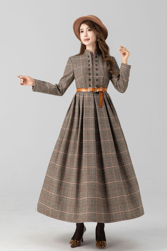 Maxi pleated winter long plaid wool dress 4669