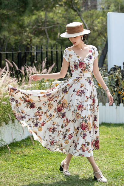 Floral Linen Cotton A-Line Midi Dress for Women 6738 - Size XS #CK2600264