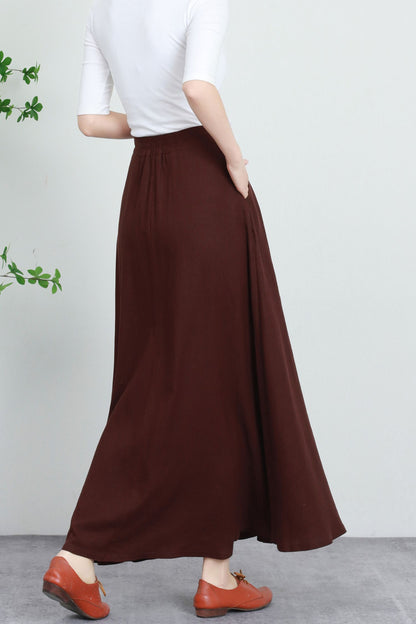 Brown Linen Maxi Skirt - Flowing Button Front with Elastic Waist 5733