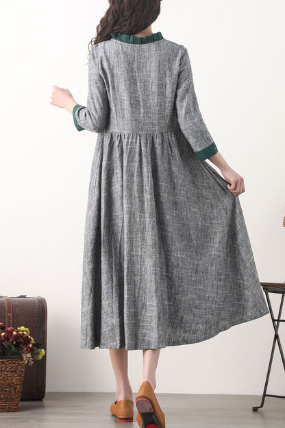 Loose fitting patchwork gray linen dress 2578