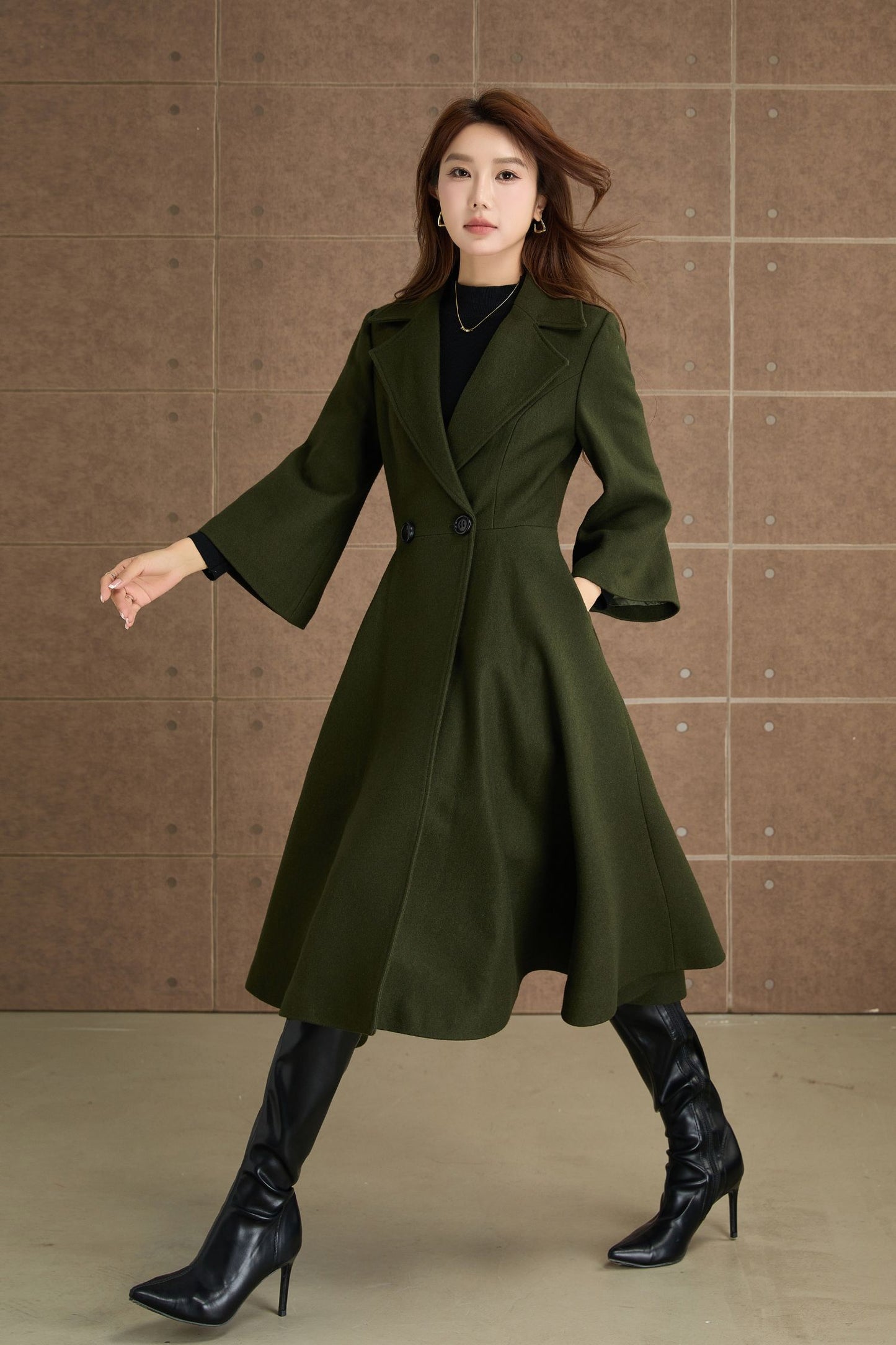 Green princess long winter wool coat 5364