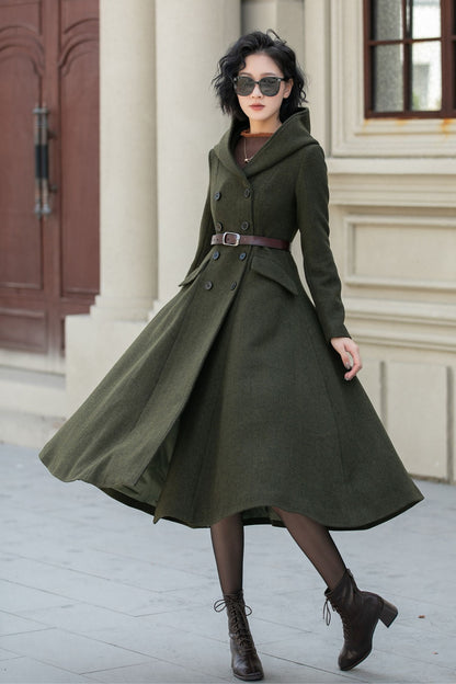 British Vintage Military Style Hooded Wool Coat for Women – Army Green Winter Overcoat 5461