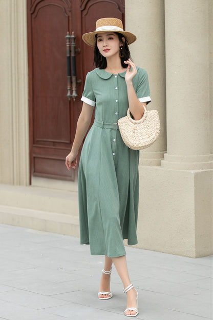 Green Linen Cotton Midi Dress – Vintage Belted Summer Shirt Dress 5148