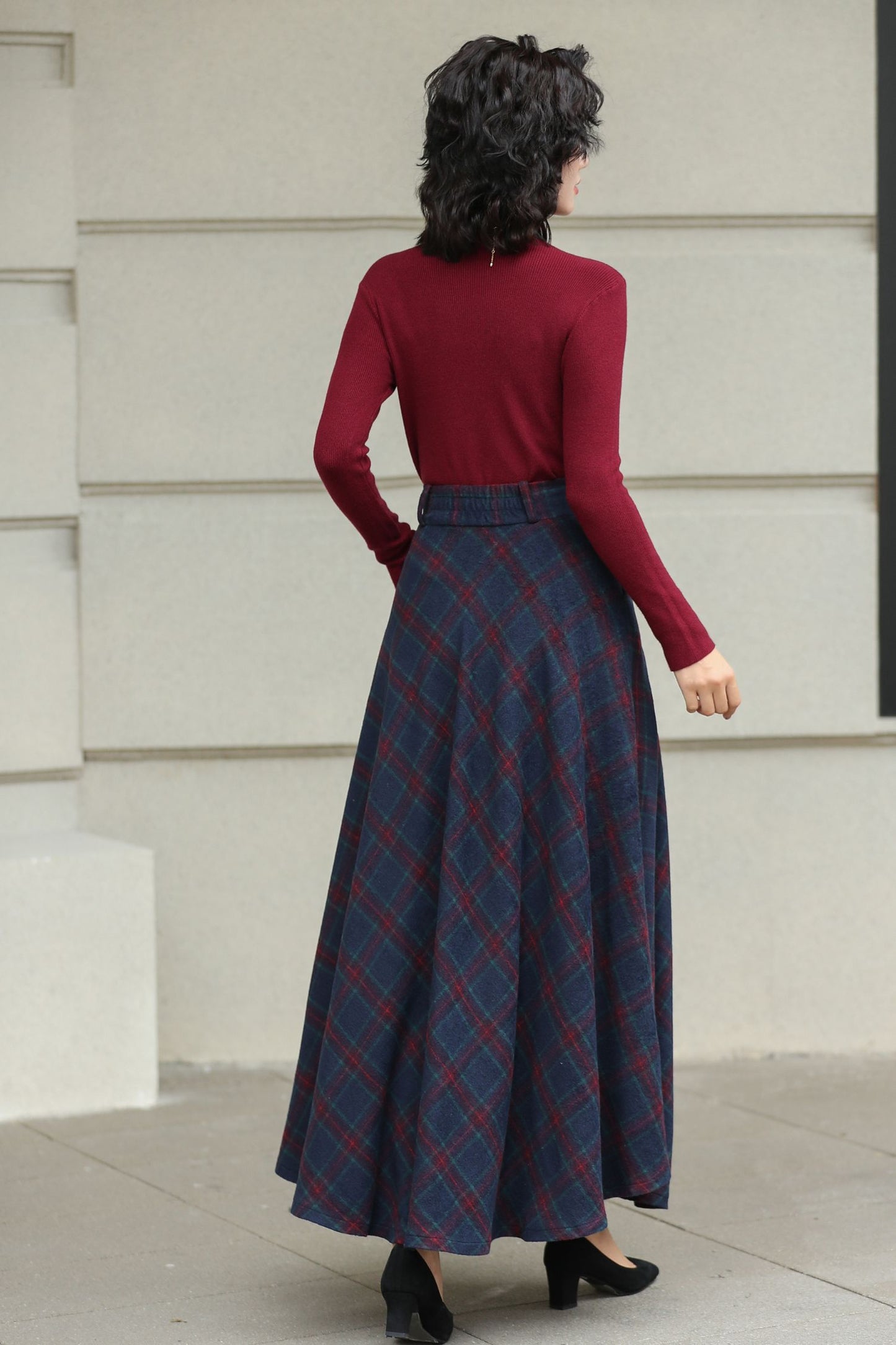 Handmade Charcoal Grey Plaid Wool Maxi Skirt – High Waist Winter Elegance | Xiaolizi 6426