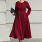 Handmade Vintage Wool Dress – Burgundy Fit and Flare Midi Dress for Winter 6612