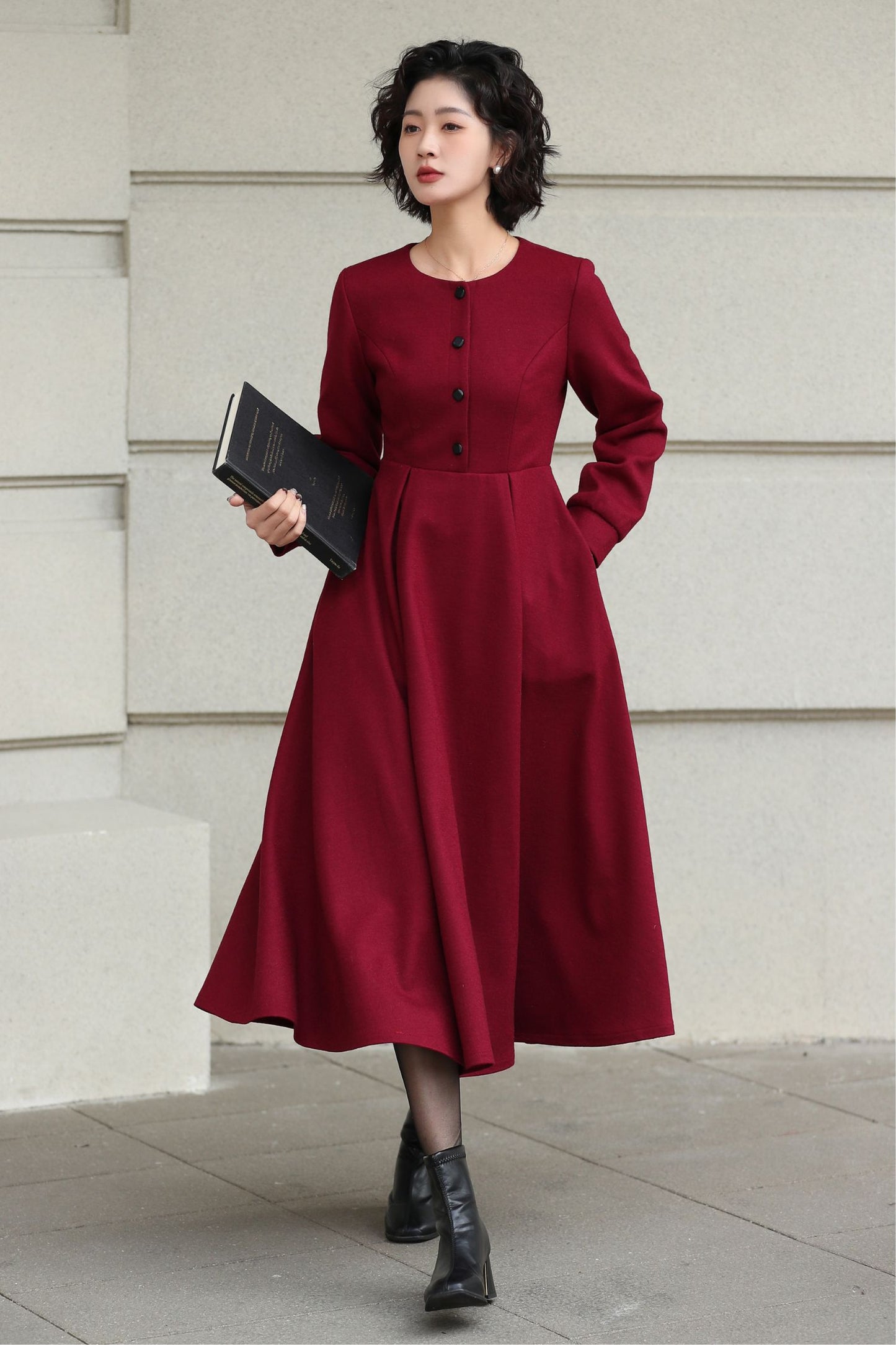Handmade Vintage Wool Dress – Burgundy Fit and Flare Midi Dress for Winter 6612