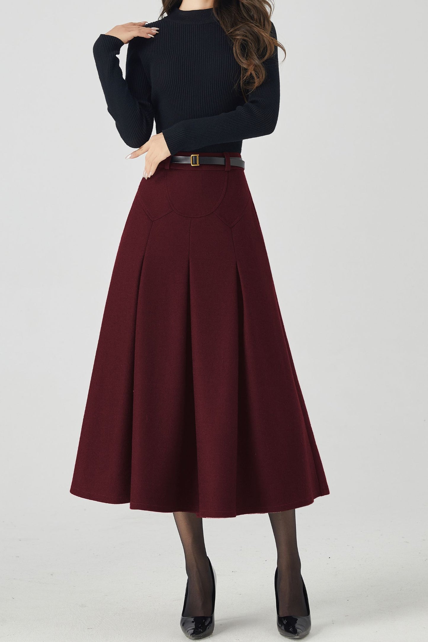 Burgundy Wool Midi Skirt – Vintage High Waist A-Line Winter Skirt with Pockets 6332