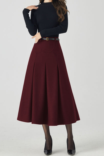 Burgundy Wool Midi Skirt – Vintage High Waist A-Line Winter Skirt with Pockets 6332