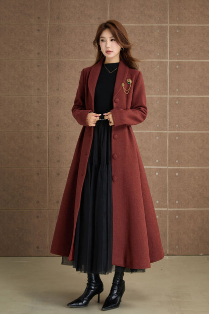 Red Brown Wool Fit and Flare Coat – Vintage Long Winter Wool Overcoat 5369