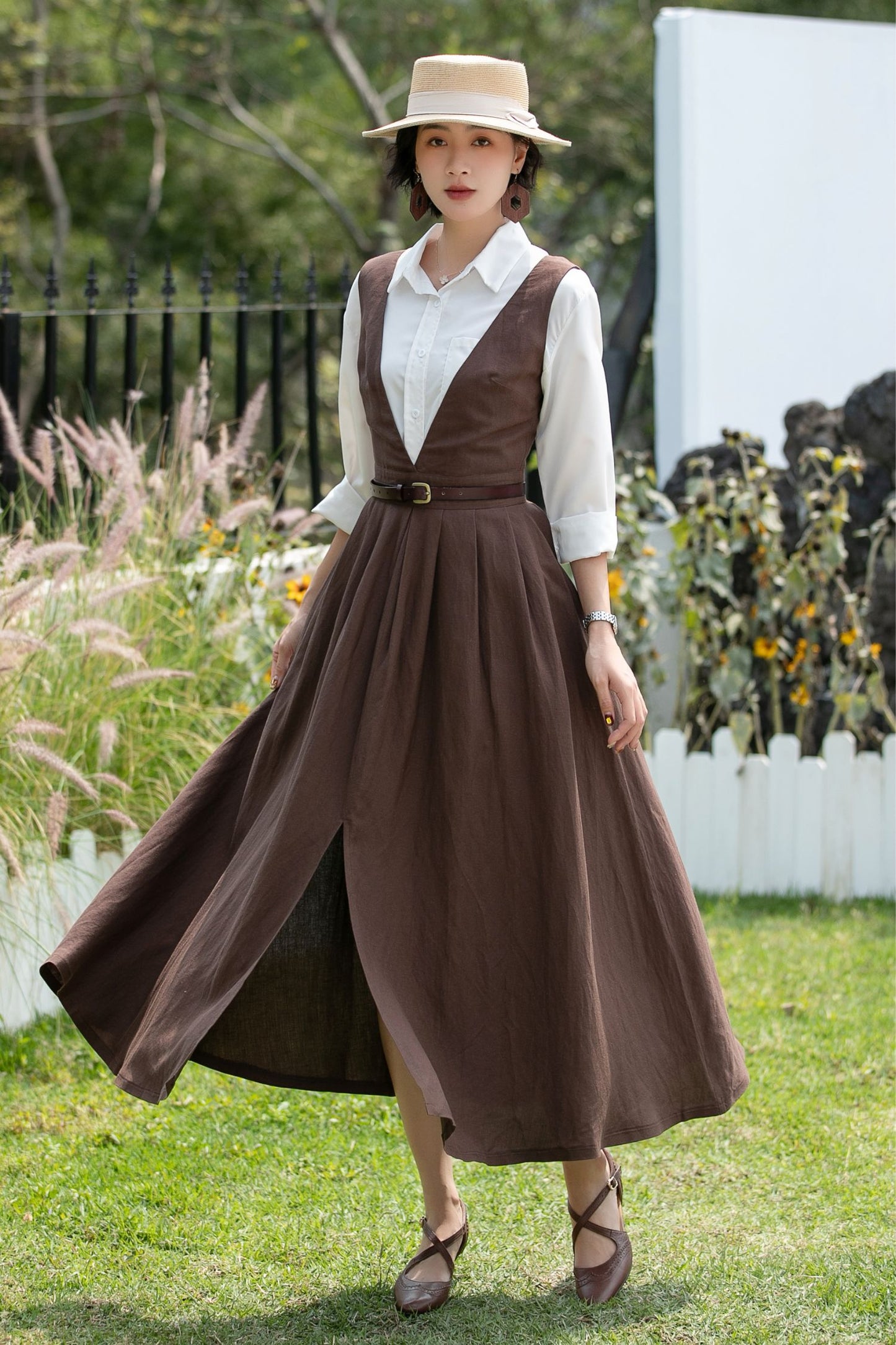 Brown Linen Cotton Pinafore Dress - Deep V Neck | Xiaolizi 6747