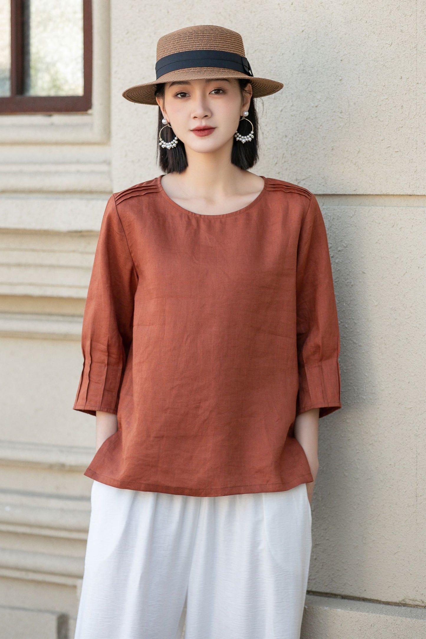 Orange loose fitting linen blouse 4902