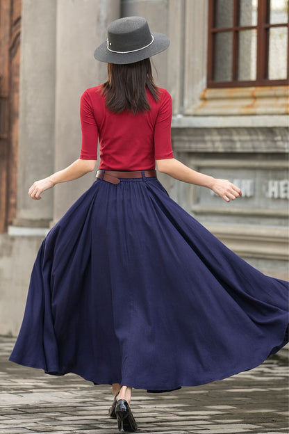 Navy a line Linen Maxi Skirt with Pockets  2778
