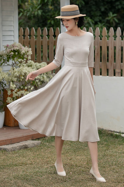 Beige Linen Midi Dress – Handmade Vintage A-Line Fit & Flare Dress with Pockets | Xiaolizi 6700 -Size XS #CK2600184