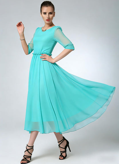 Blue Chiffon Midi Dress – Ruffle Waist Elegance | Xiaolizi 6783