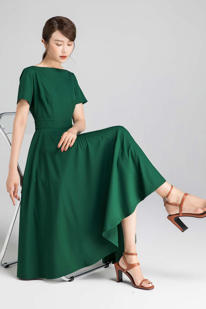 Green Linen Fit and Flare Dress - Pockets and Boat Neck 2337