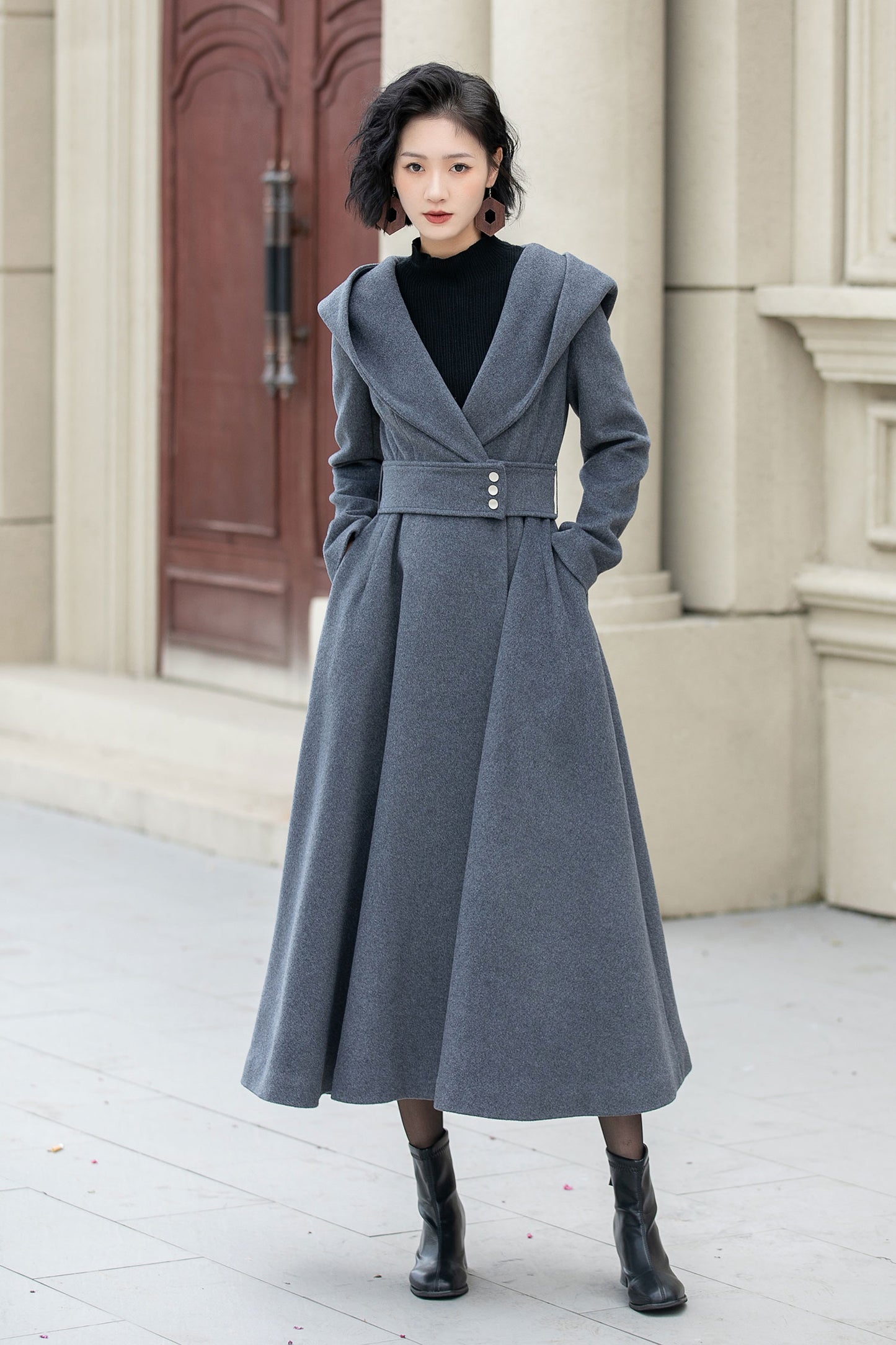 Gray hooded long wool coat women 5344