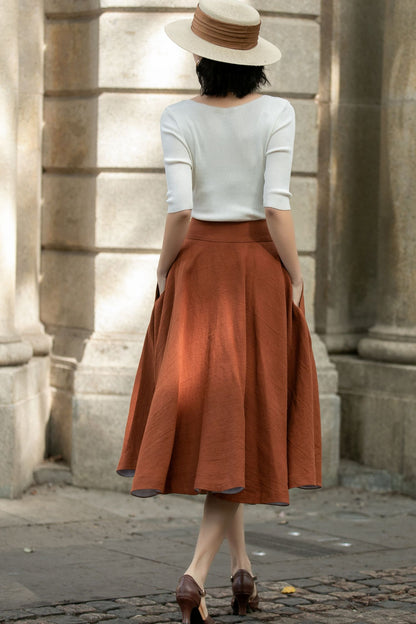 Handmade Linen Midi Skirt – Rust Brown Button Front Swing Skirt | Xiaolizi 5689