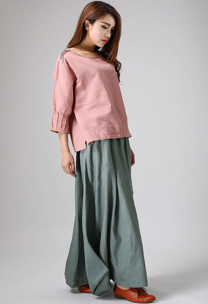 Sage Green Linen Cotton Maxi Skirt – Handmade Flowy Boho Long Skirt | Xiaolizi 914