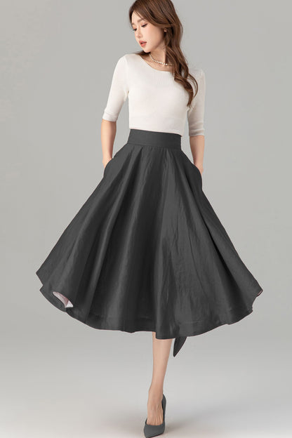 Grey Linen Midi Skirt - High Waist Flared Circle Swing | Xiaolizi 5728