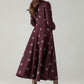 Burgundy Embroidered Wool Midi Dress – Fit & Flare Winter Swing Dress | Xiaolizi 6569