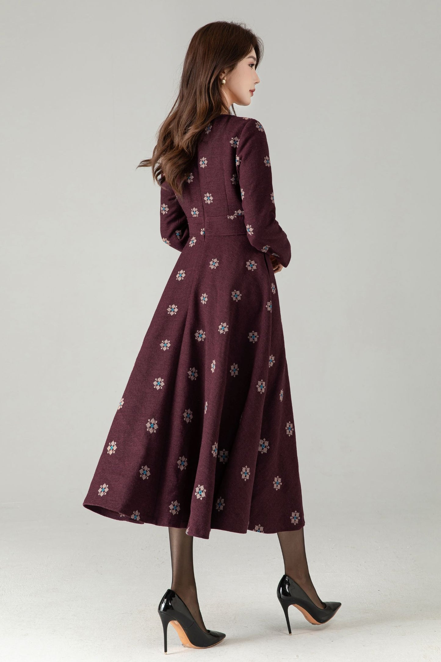 Burgundy Embroidered Wool Midi Dress – Fit & Flare Winter Swing Dress | Xiaolizi 6569