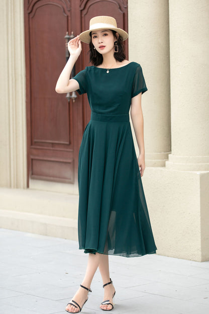 Emerald Green Chiffon Midi Fit and Flare Dress - Sheer Sleeve 5145