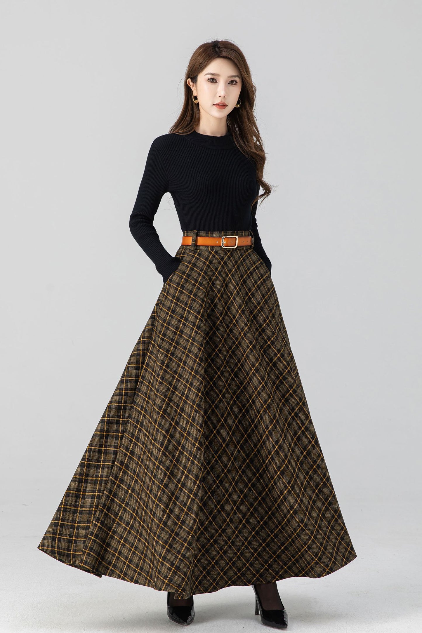 High waisted plaid winter long wool skirt 4666