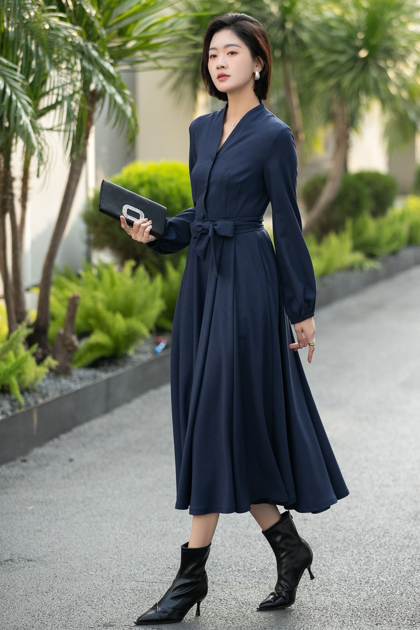 Handmade Navy Blue Button-Front Midi Dress – Vintage Long Sleeve Swing Dress 6659 -Size XS #CK2600029