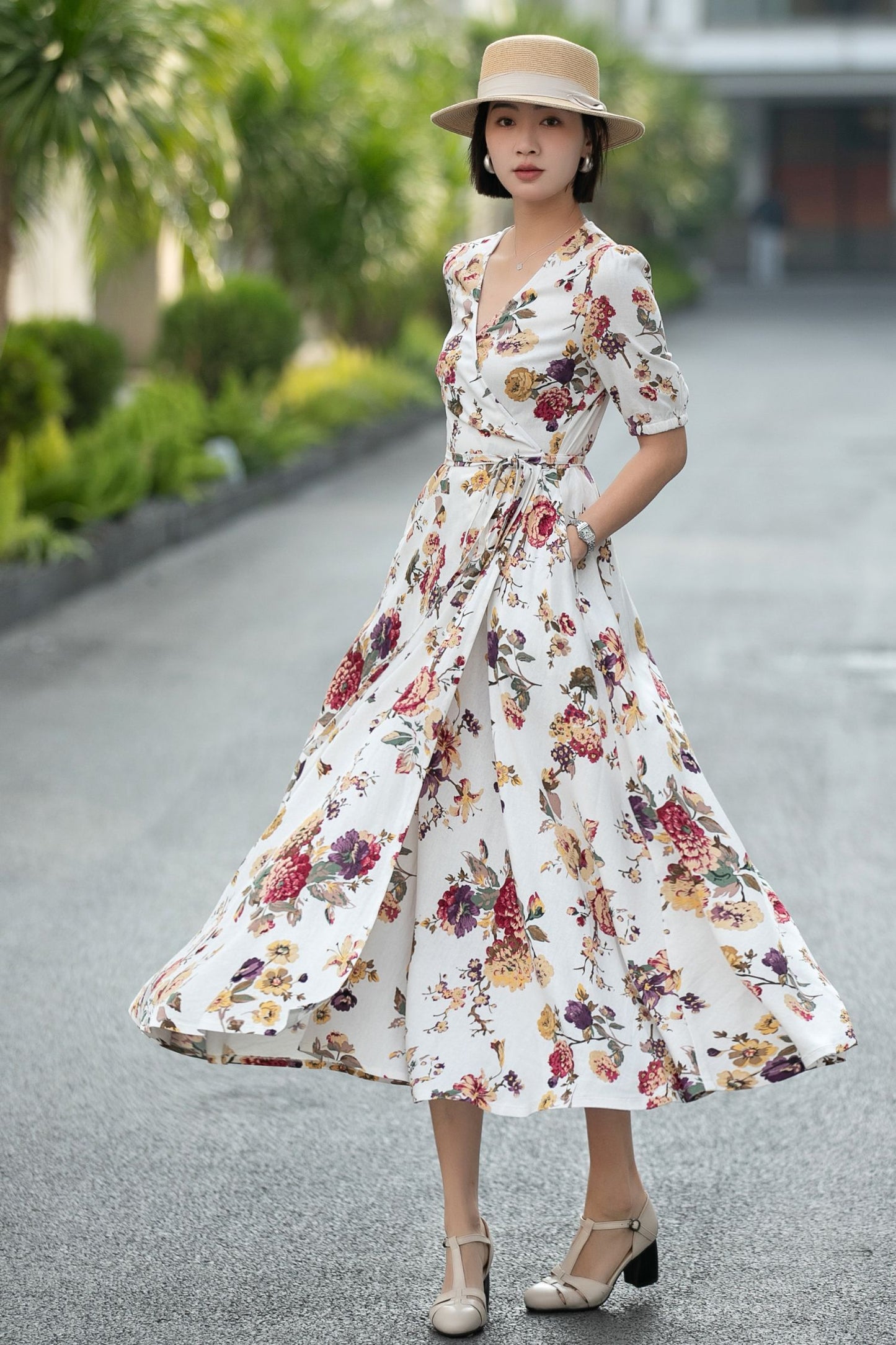 Floral Linen Cotton Wrap Midi Dress – Vintage V-Neck Summer Dress 6667