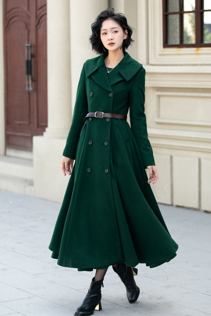 Elegant Winter Wool Coat – Dark Green Double Breasted A-Line – 5452